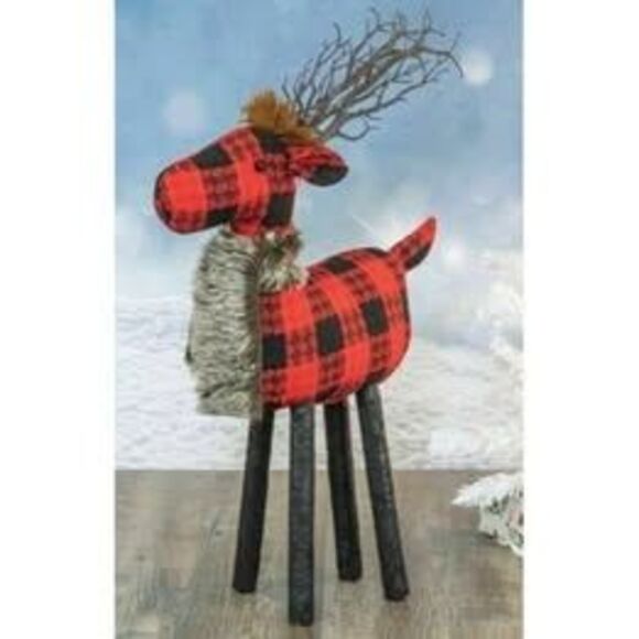 Large Reindeer 2' Tall Black & Red Plaid Christmas Stander w/Faux Fur Scarf - Picture 1 of 2